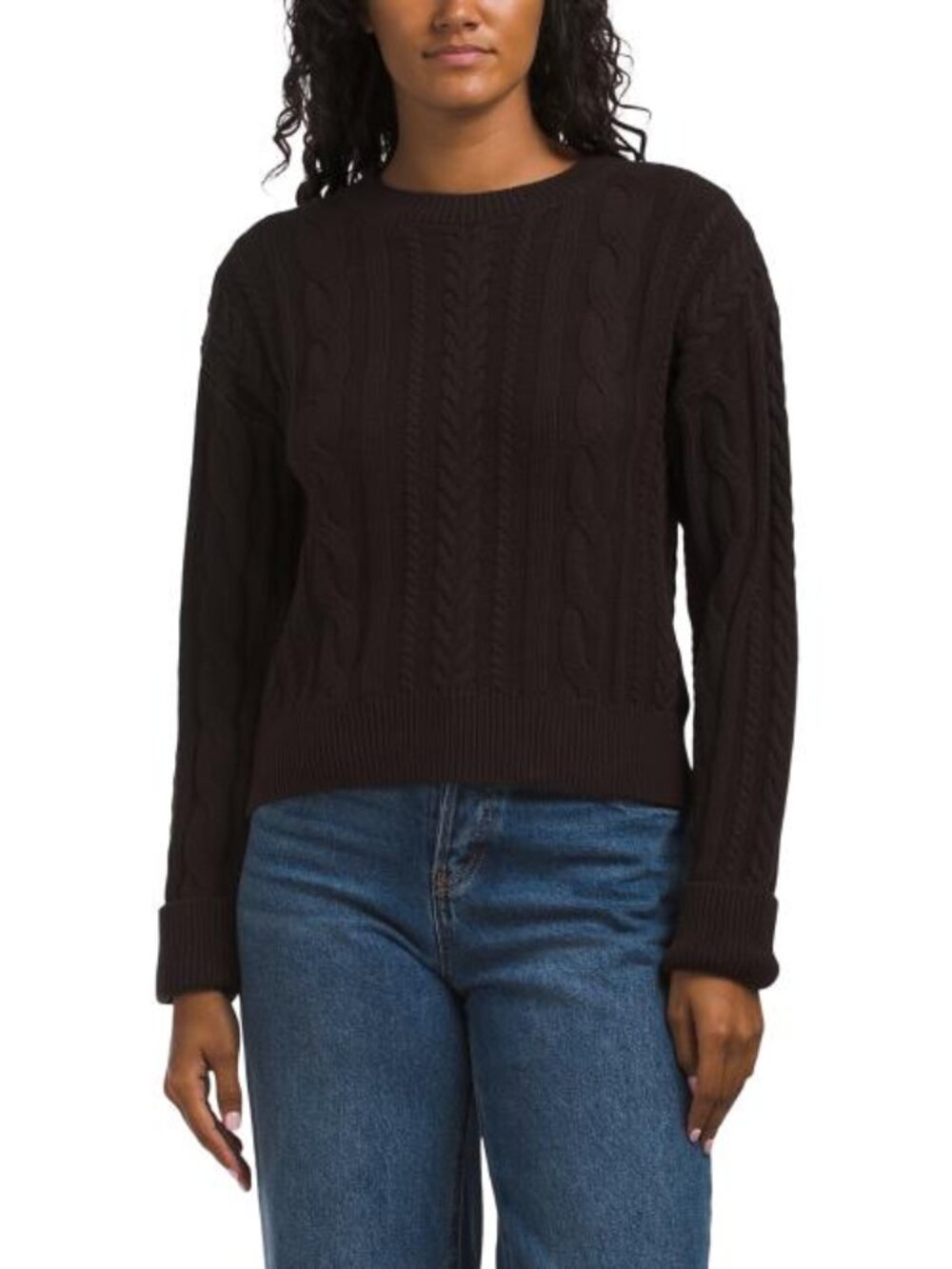 NICOLE MILLER NEW YORK Cotton Crew Neck Cuffed Long Sleeve Cable Pull Over Sweat